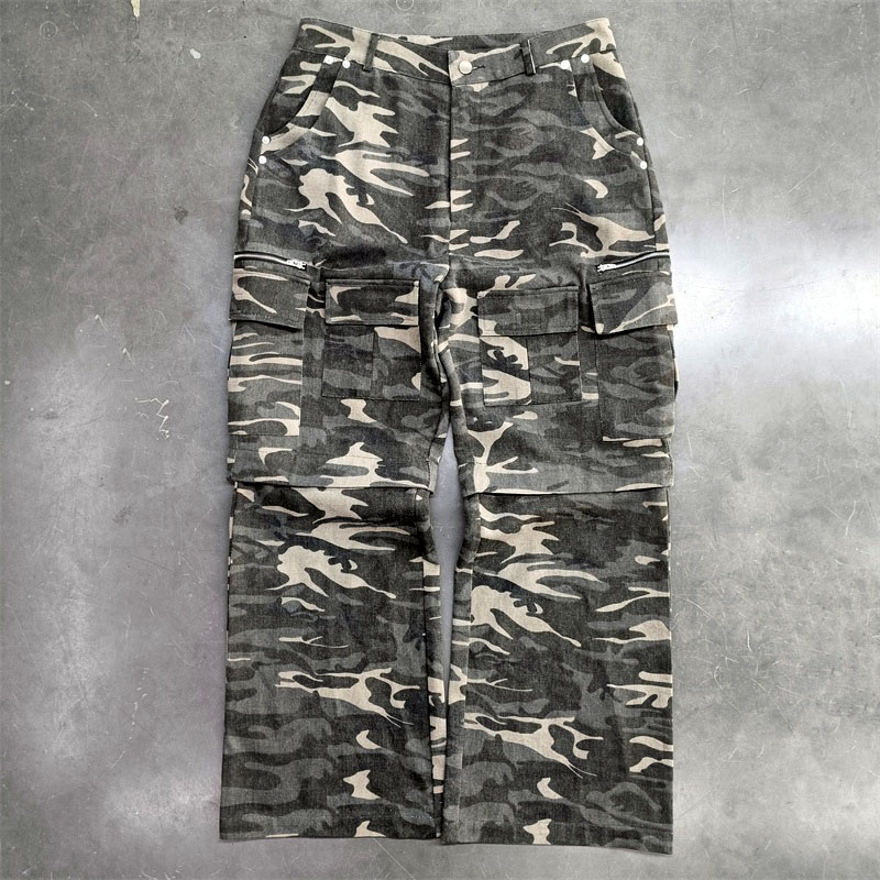 2025 Retro Loose Cotton Canvas Cargo Pants Mid-Waist Acid Wash Flat Front Sports Casual Overalls Design