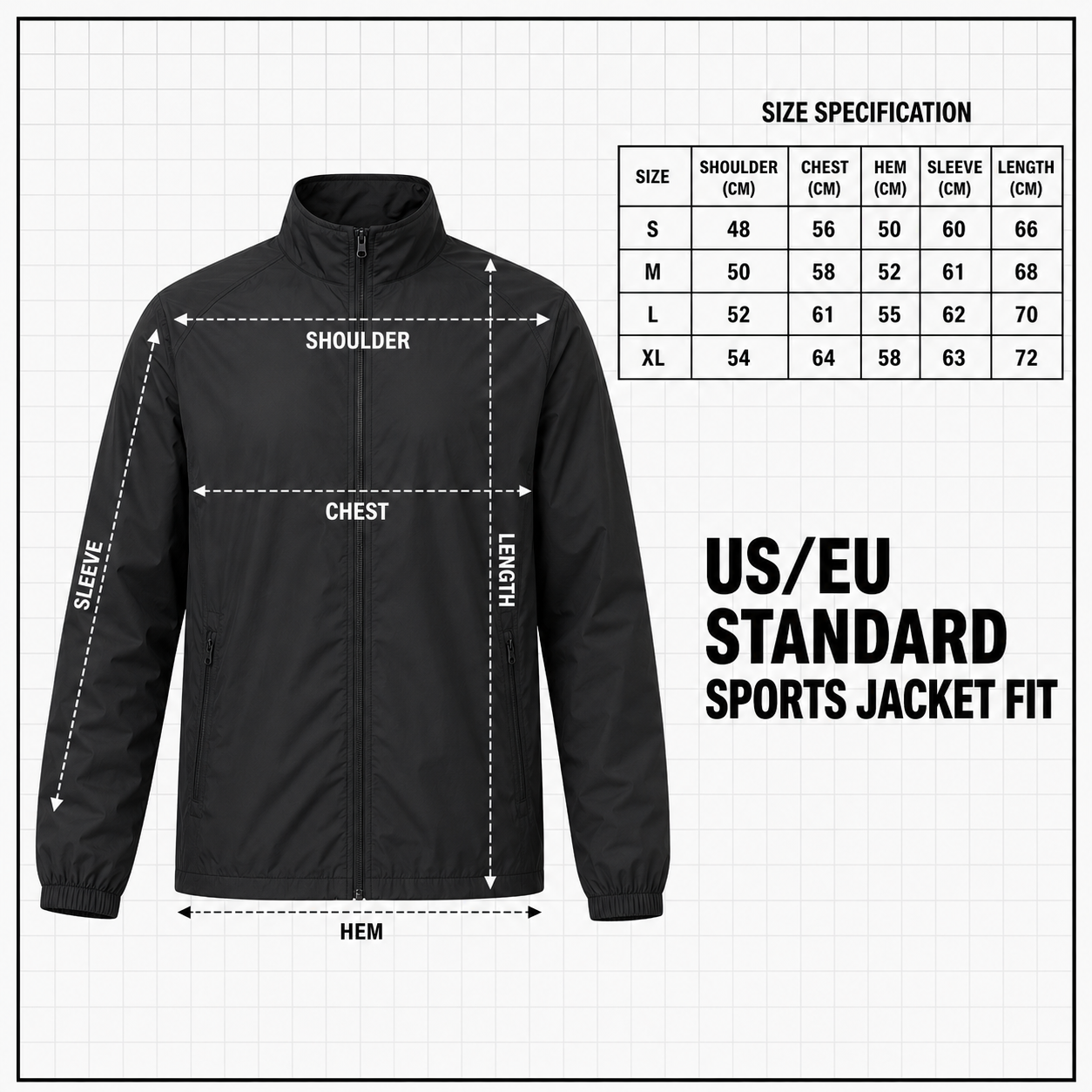 100GSM Nylon Twill Windproof Color Block Panel Splicing Adjustable Drawstring Hood Streetwear Men Tracksuit Size Chart Dimensions