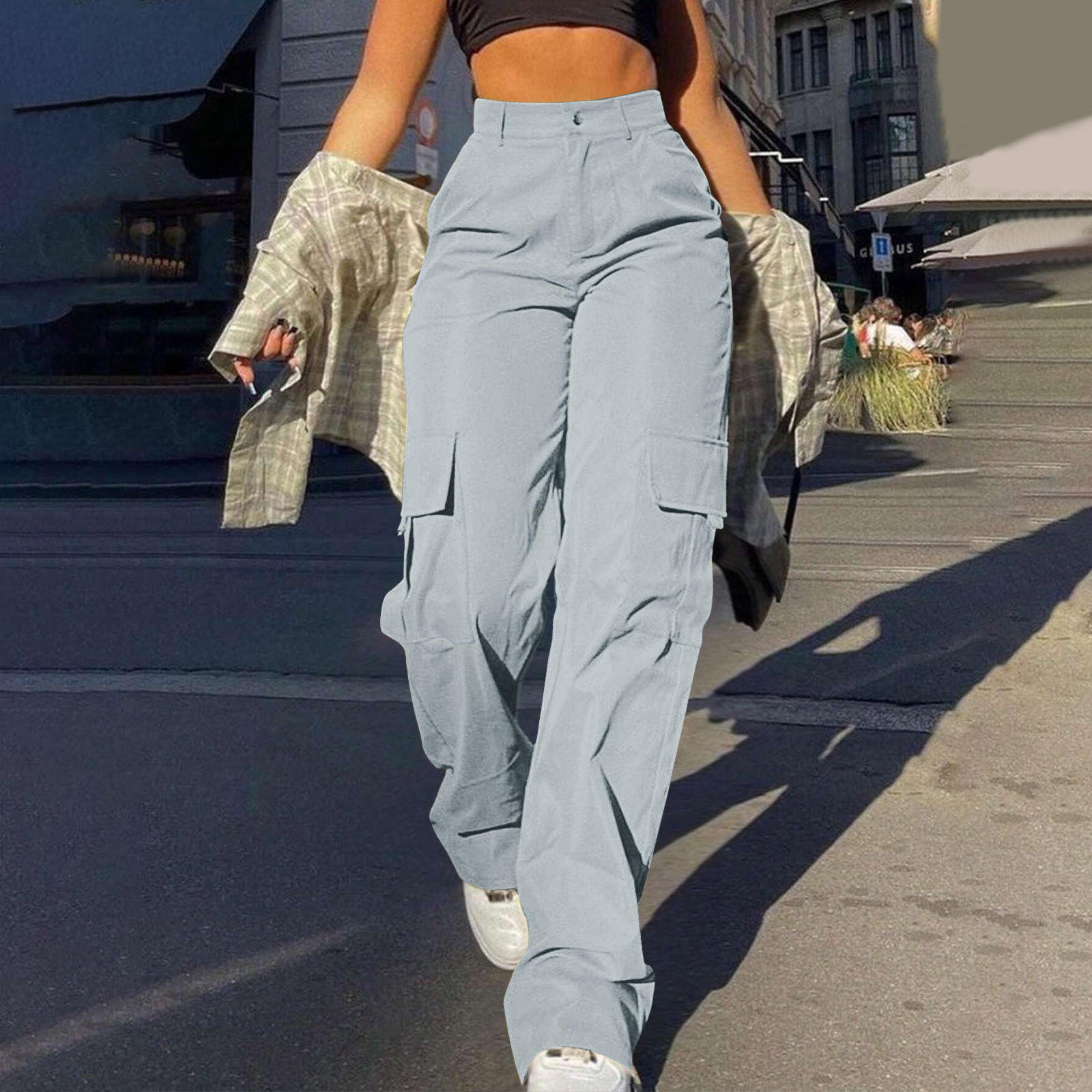 Women Cargo Pants With Pockets Straight Loose Mid Waist Ladies Pants Trousers
