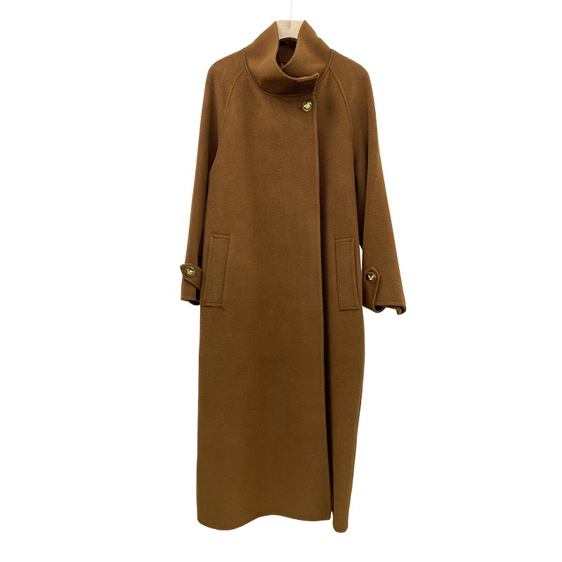 Boying Women's New Style Long Woolen Coat with Double Sided Cashmere Stand Collar Single-Breasted Closure for Autumn Winter