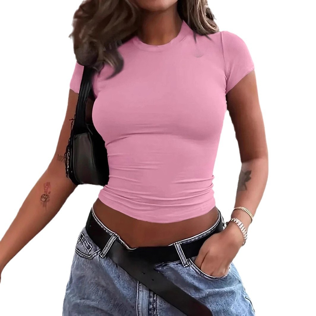 HOT Solid Color Slim Crop Tops Women's T-Shirt With O-Neck for Ladies