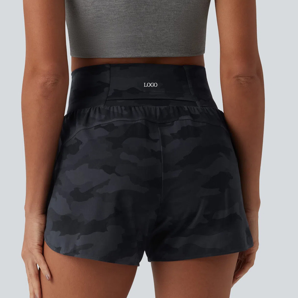 OEM Custom Women Activewear Camo Print High Waisted Yoga Short Tummy Control Curved Hem 2-in-1 Running Biker Shorts with Pocket