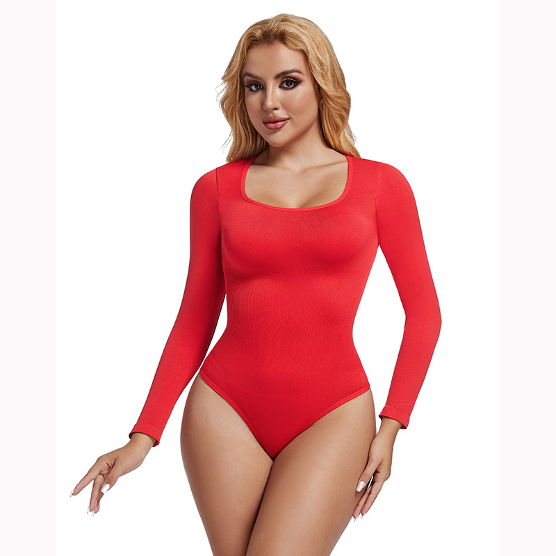 Hot Sale Bestseller Nylon Button Square-Neck Seamless Long Sleeve Slimming Bodysuit For Party Wedding Club Daily Wear