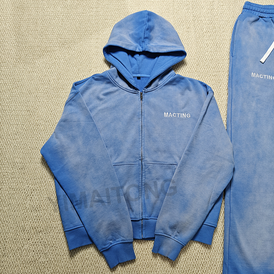 Custom Printed Eco-Friendly Streetwear Cotton Sun Faded Sweatsuit Baggy Acid Wash Spring Zip Hoodies Sweatpants Set Men's