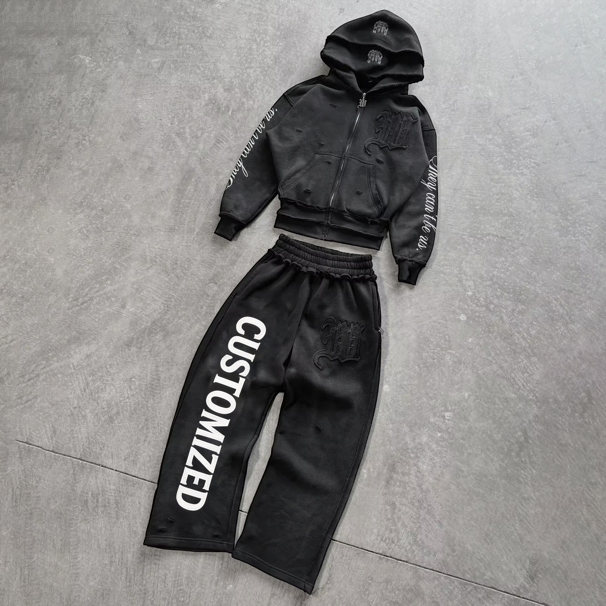 Streetwear Sweatpants And Hoodie Set 100% Cotton Double Layered Wash Hoodie Heavyweight Distressed French Terry Mens Tracksuits