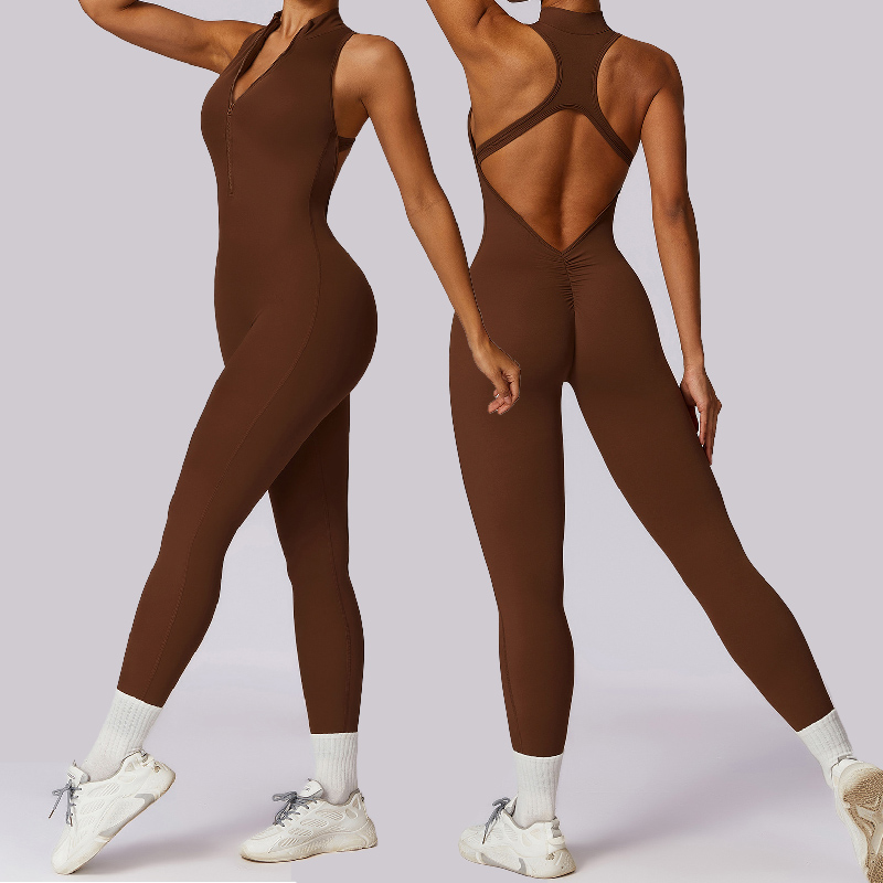 Wholesale High Quality Beautiful Back Hollow Pleated Hip Gym Fitness Sportswear Bodysuit Stand Collar Half Zipper Yoga Jumpsuit