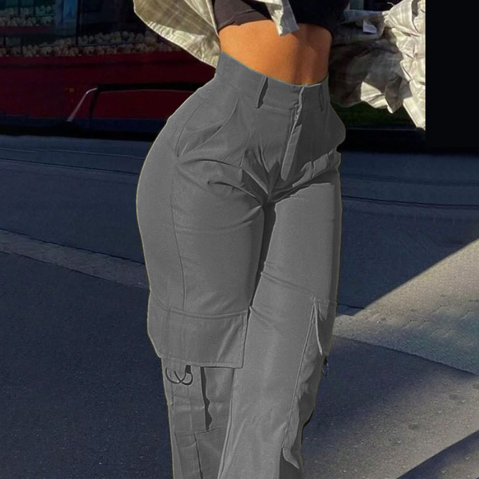 Women Cargo Pants With Pockets Straight Loose Mid Waist Ladies Pants Trousers