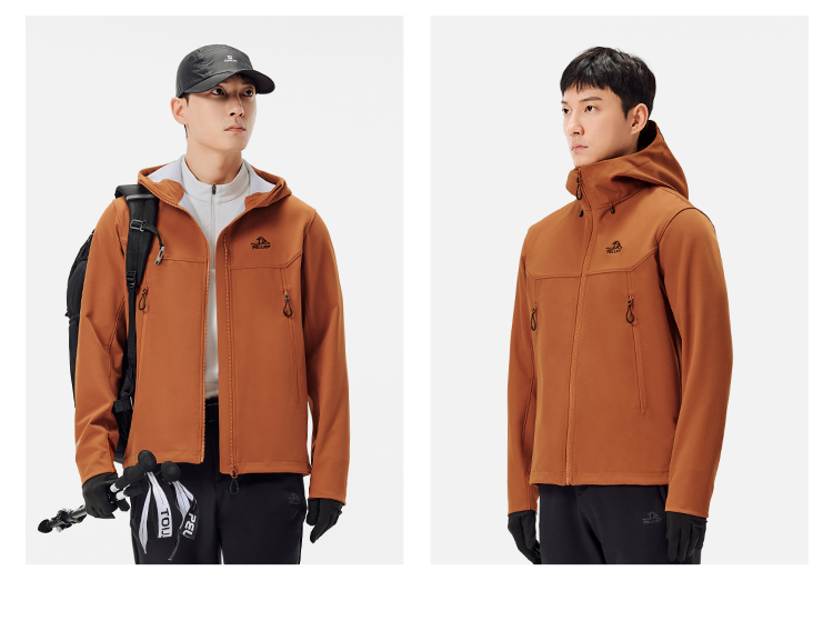 Men's Autumn Casual Softshell Jacket Outdoor Fleece-Lined Windproof Water-Repellent Hooded Coat With Zipper Closure for Hiking