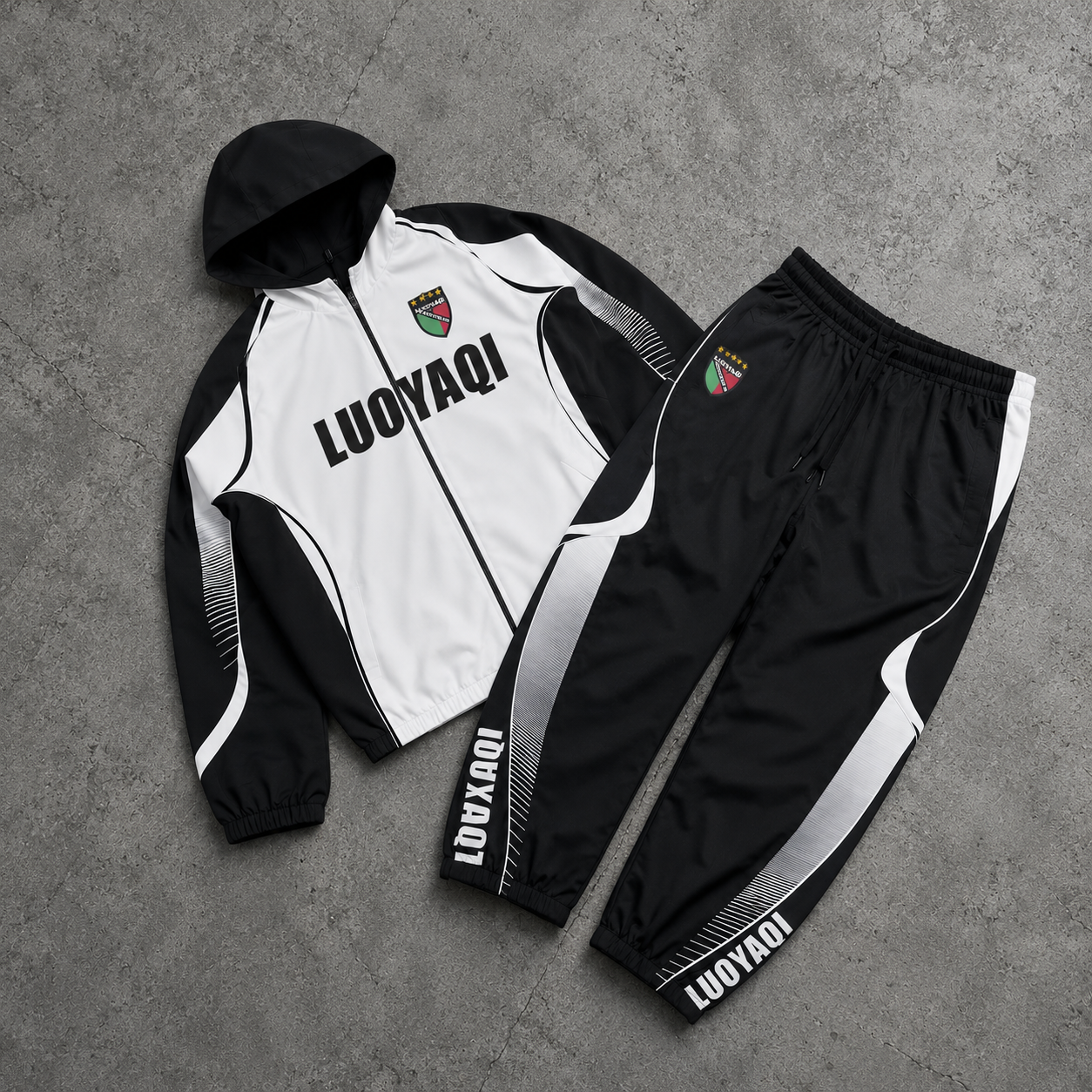 Men's Custom Tracksuit, Embroidered Patch Hooded Jacket, Layered Sweatpants, Two-piece Streetwear Style Tracksuit