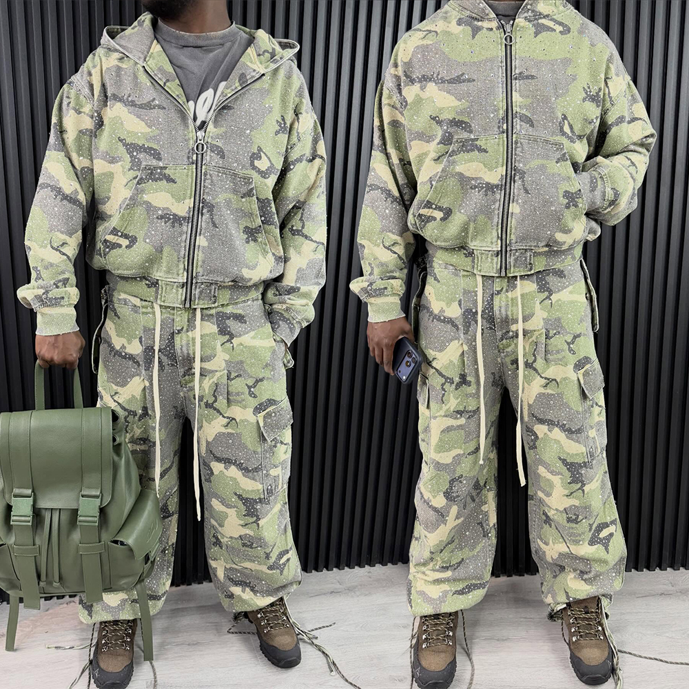 OEM Terry 400gsm 100% Cotton Tracksuits For Men Comfortable Streetwear Tracksuits Character Allover Camo Rhinestone Men's Sets