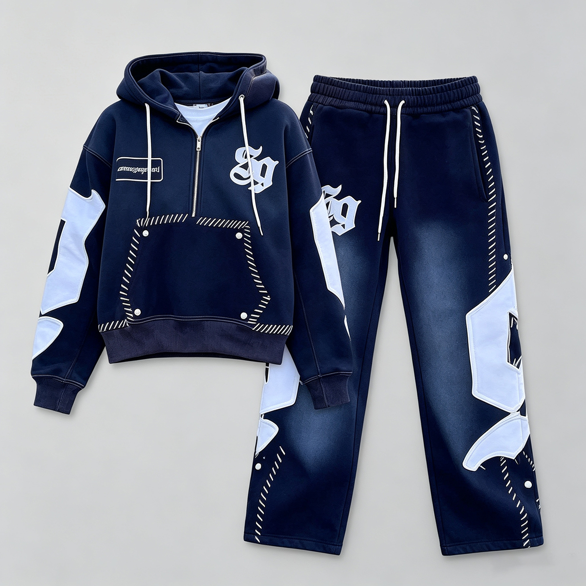 Custom Men Hoodies And Sweat Pants Set Acid Wash 100% Cotton Tracksuit Distressed Embroidery Flared Sweatpants And Hoodie Set