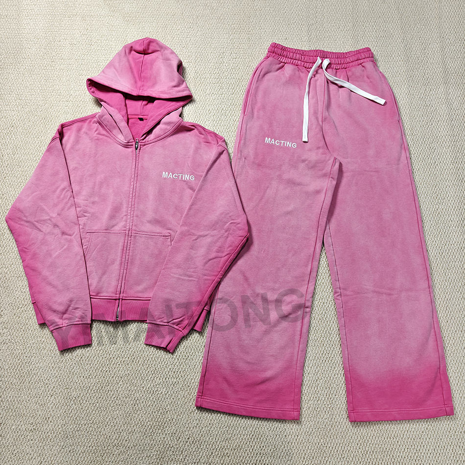 Custom Printed Eco-Friendly Streetwear Cotton Sun Faded Sweatsuit Baggy Acid Wash Spring Zip Hoodies Sweatpants Set Men's