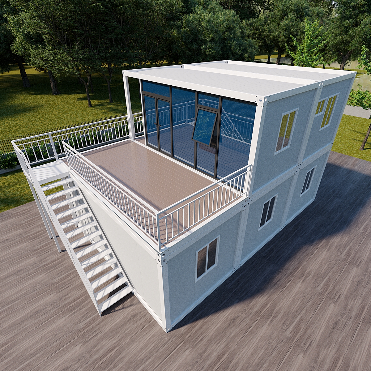 Two Story Prefab Container House Double Layer with Terrace Modular Preassembled Foldable Villa for Residential Living Use