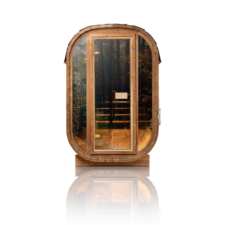 Luxury Outdoor Pod Sauna Room With Full Glass Front Thermowood Backyard Garden Home Wellness Retreat Cabin
