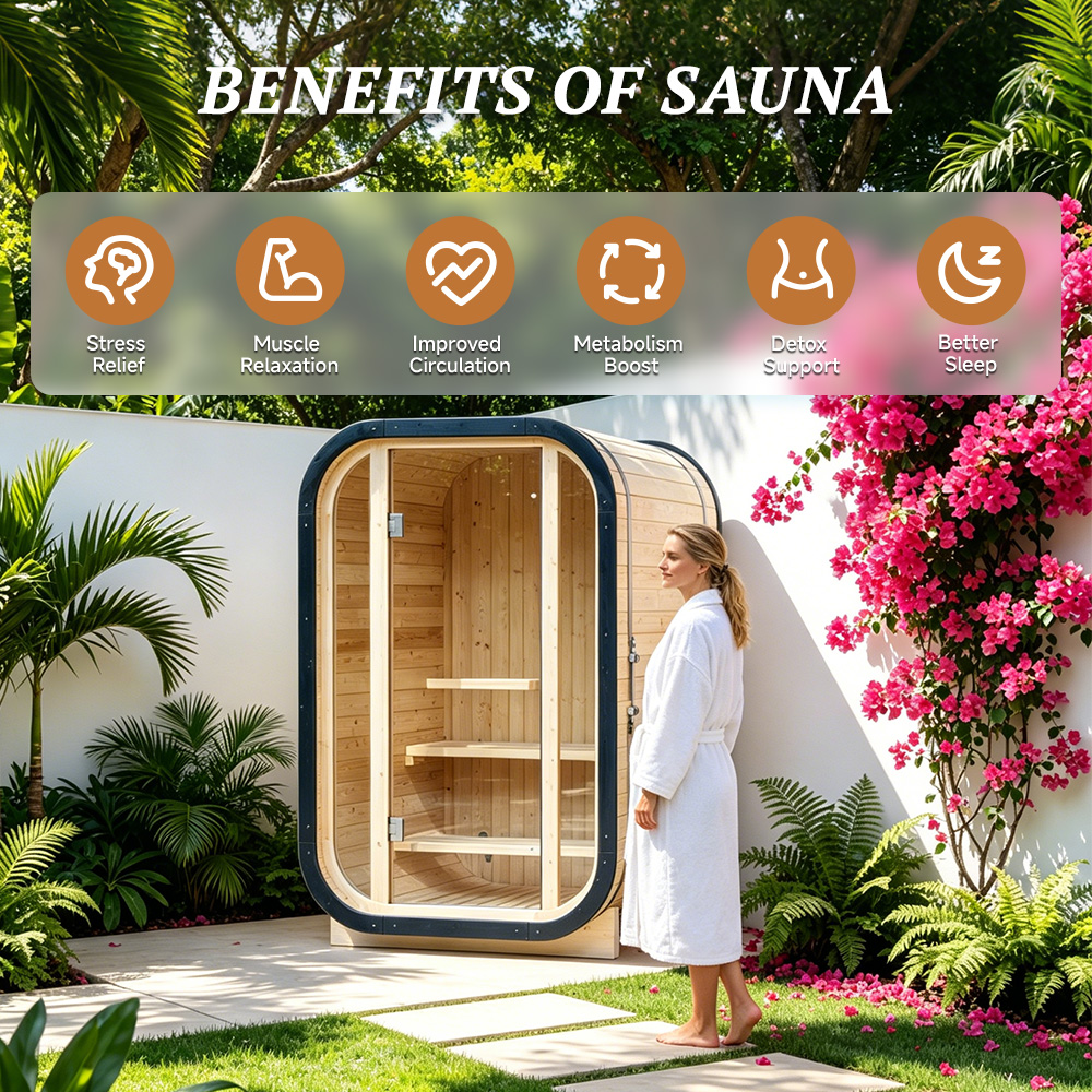 Luxury Outdoor Pod Sauna Room With Full Glass Front Thermowood Backyard Garden Home Wellness Retreat Cabin