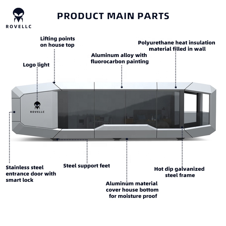 ROVELLC Premium Prefab Modular Steel Capsule Home Expandable 2-Bedroom Tiny House Modern Design for Warranty for Hotels Eco