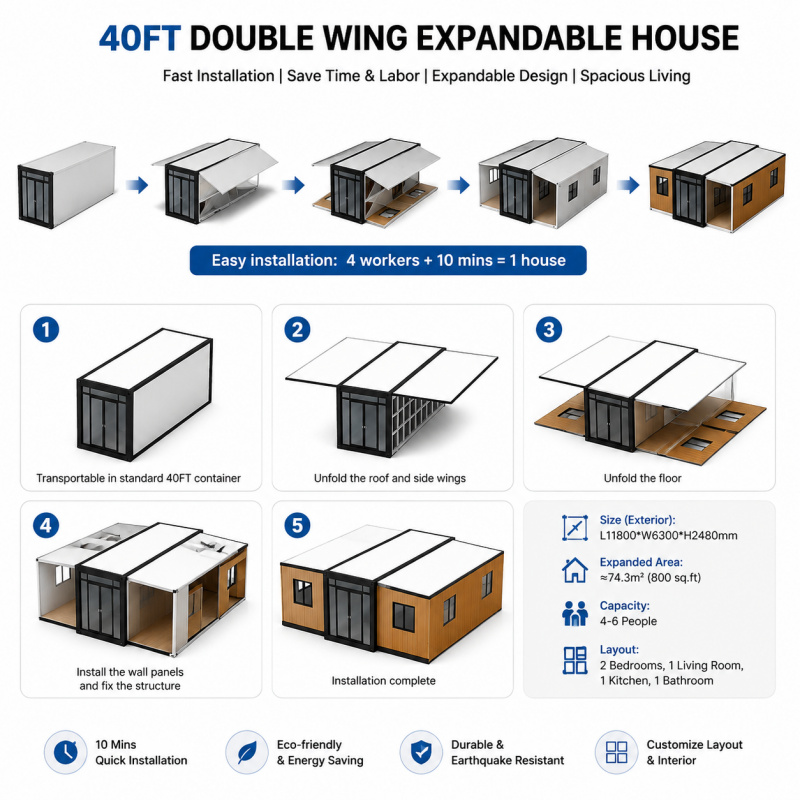 40ft Expandable Container House Modern Prefabricated Modular Double Wing Folding Mobile Clinic Classroom Office Space