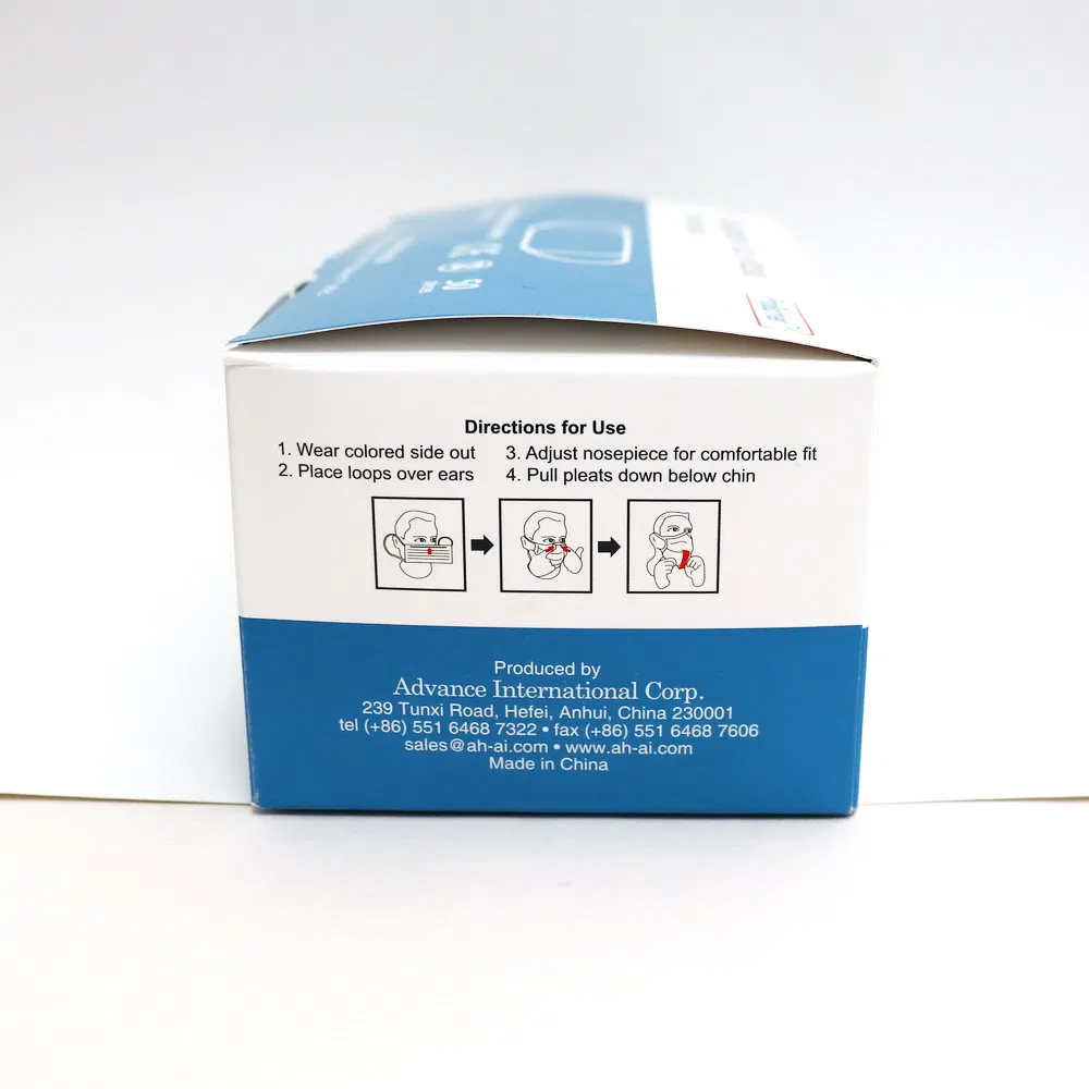 Mascarilla desechable cómoda azul con orejeras paquete a granel uso diario 3ply