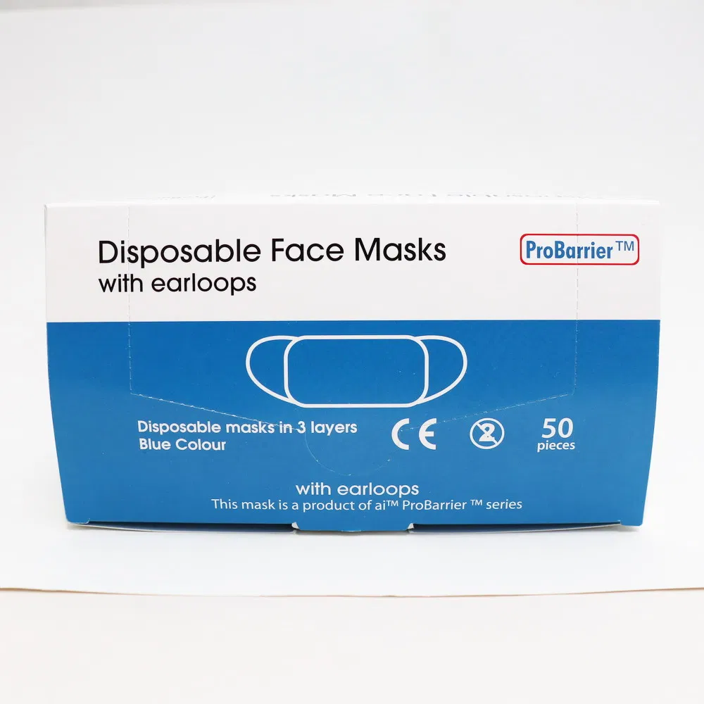 Mascarilla desechable cómoda azul con orejeras paquete a granel uso diario 3ply