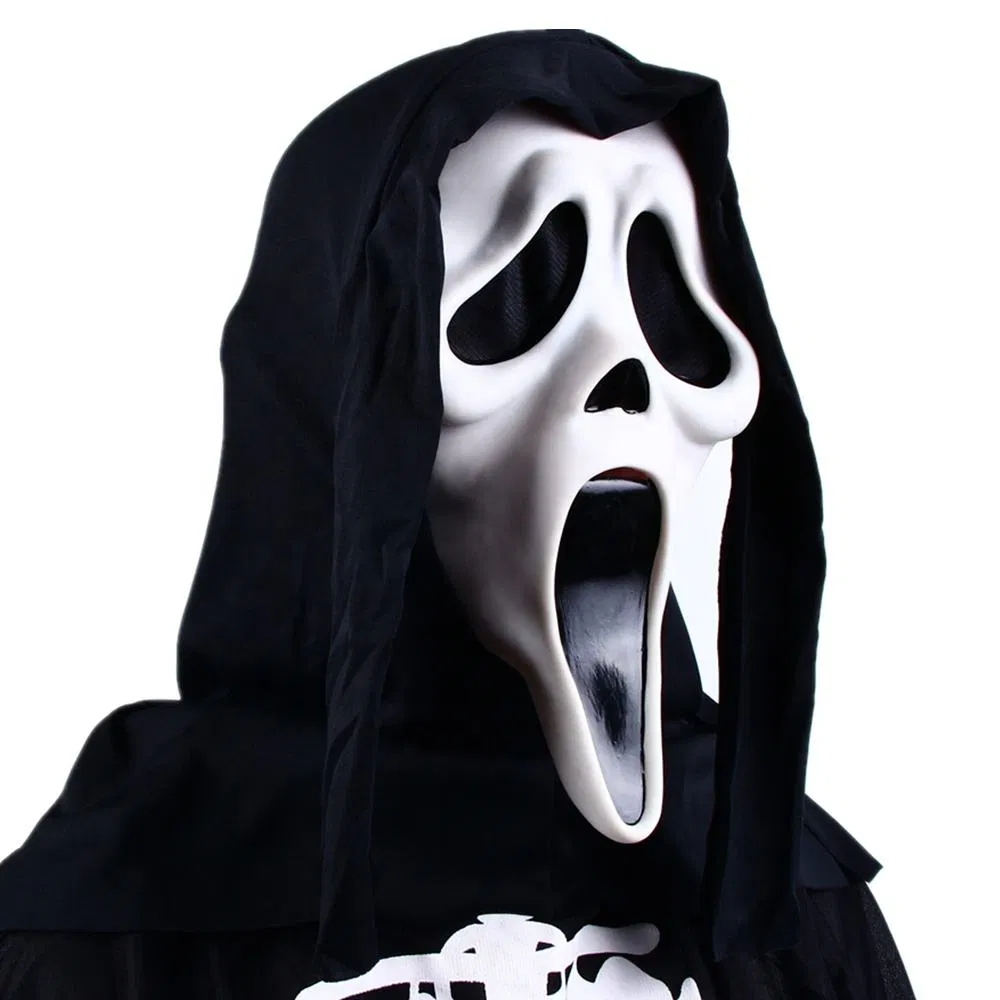 Máscara Scream de dropshipping, disfraz aterrador de Halloween, disfraz de película de terror, accesorio de disfraz de cara de fantasma, disfraz de asesino de Halloween para adultos