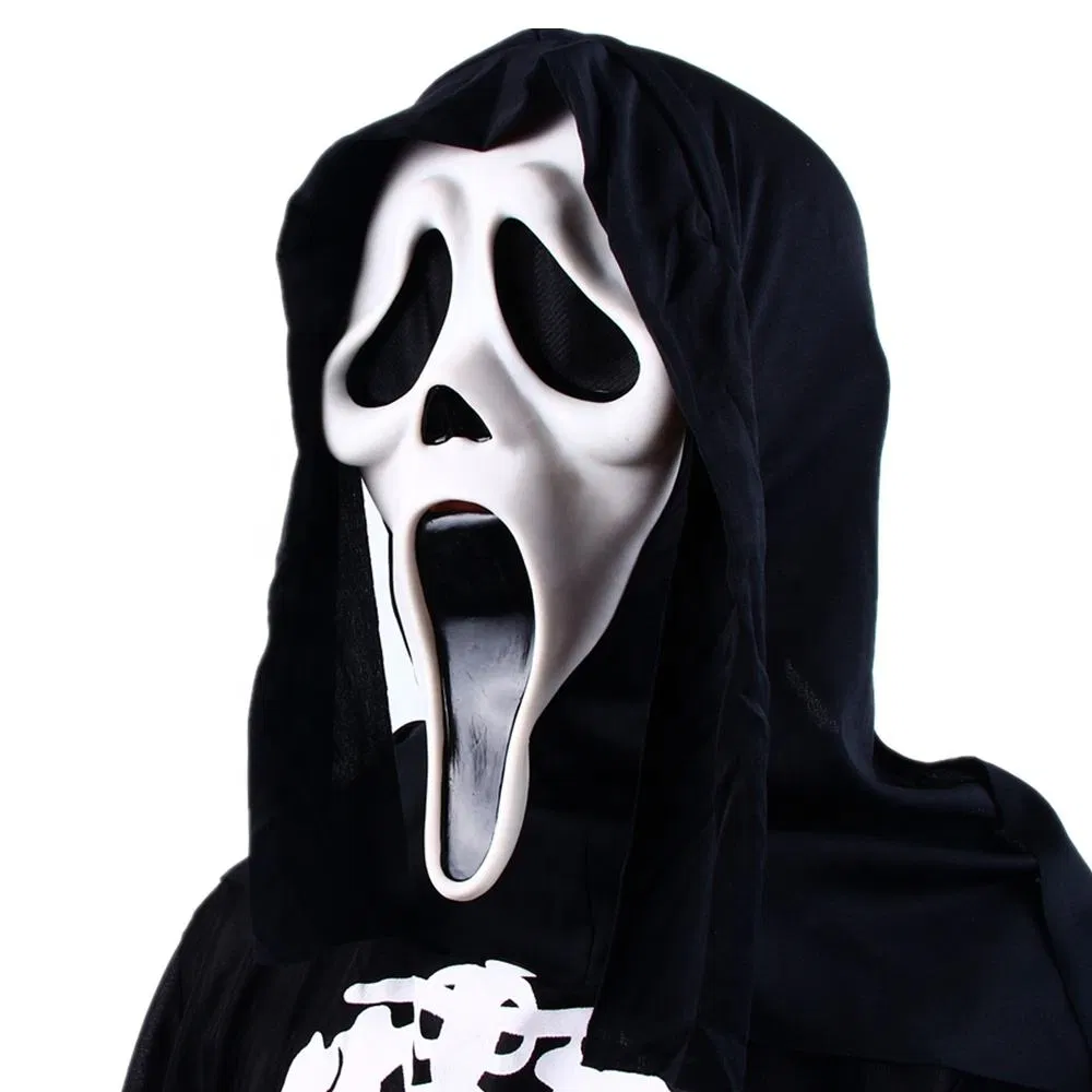 Máscara Scream de dropshipping, disfraz aterrador de Halloween, disfraz de película de terror, accesorio de disfraz de cara de fantasma, disfraz de asesino de Halloween para adultos