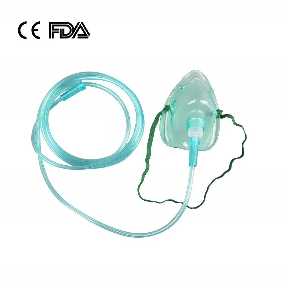 Fábrica de mascarillas de oxígeno aprobada por la CE y la FDA, mascarilla facial de oxígeno desechable de plástico médico para hospital, tamaño adulto XL/L, pediátrico M/S, color verde