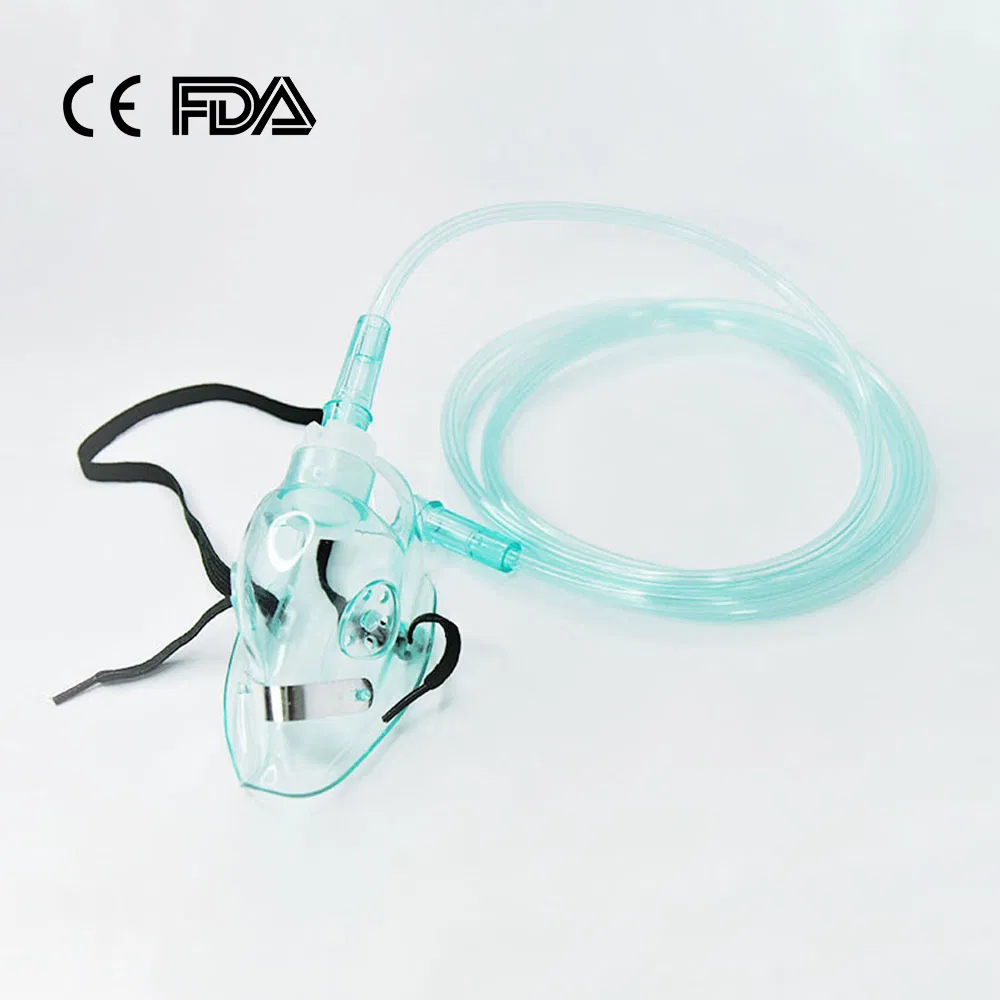 Fábrica de mascarillas de oxígeno aprobada por la CE y la FDA, mascarilla facial de oxígeno desechable de plástico médico para hospital, tamaño adulto XL/L, pediátrico M/S, color verde