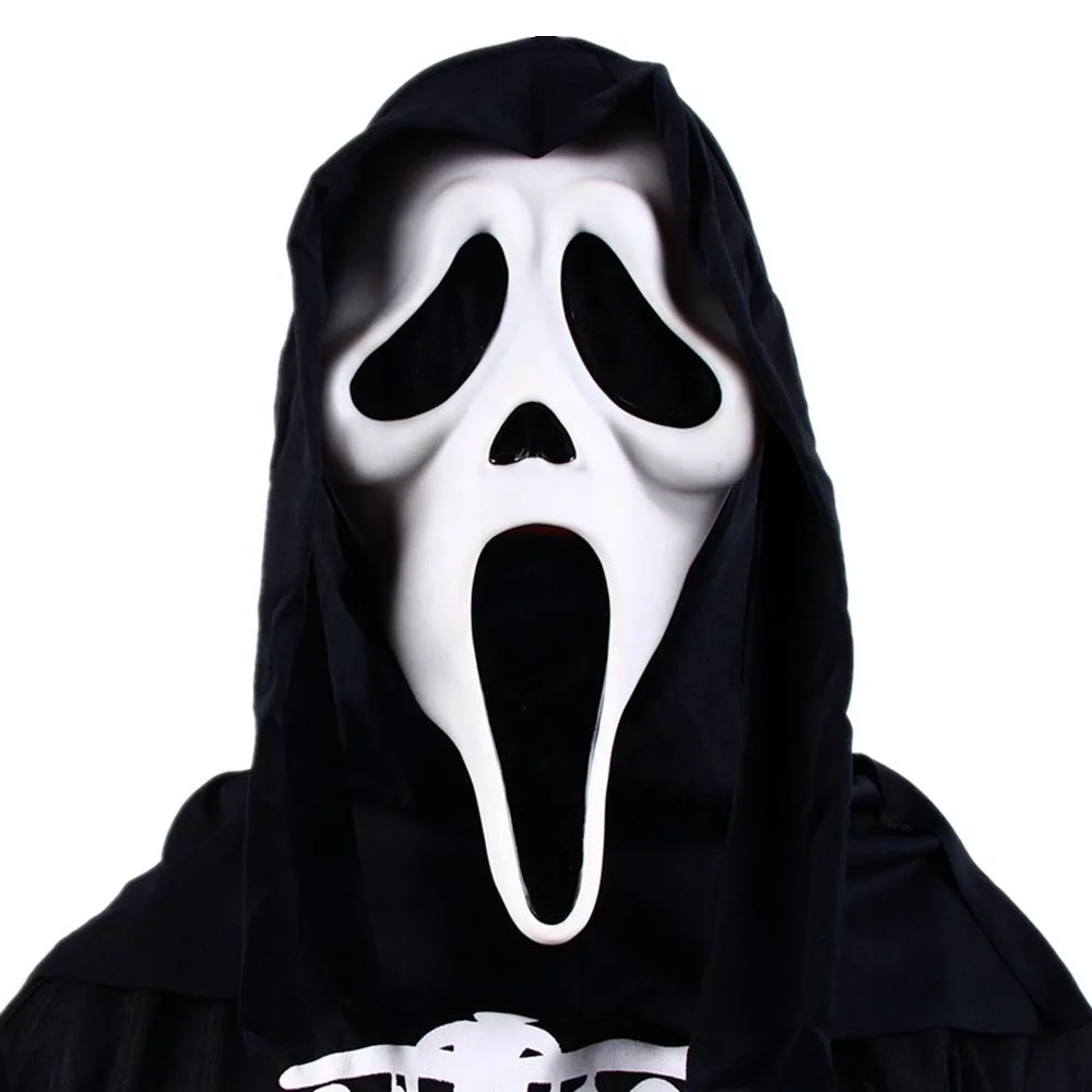 Máscara Scream de dropshipping, disfraz aterrador de Halloween, disfraz de película de terror, accesorio de disfraz de cara de fantasma, disfraz de asesino de Halloween para adultos