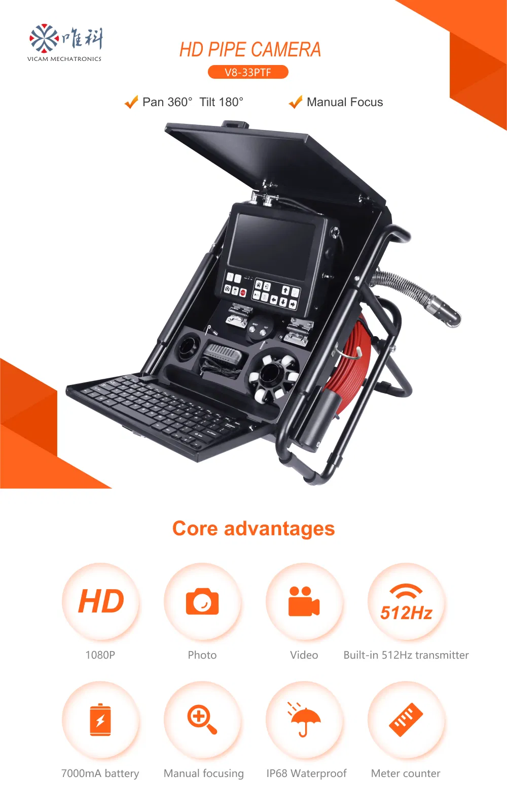 33mm Pan Tilt Sewer Drain Pipe Inspection Camera