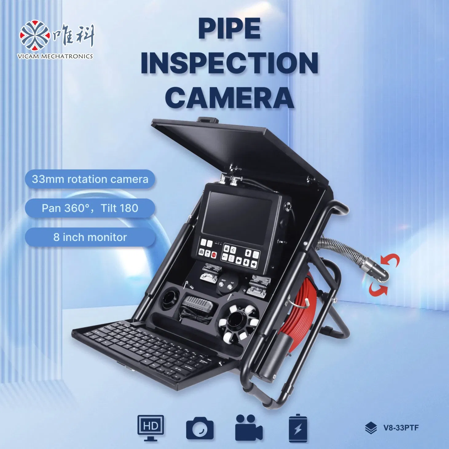 Sewer Pipe Camera Endoscope 512Hz Self Leveling Industrial 33mm Head Pipe Camera