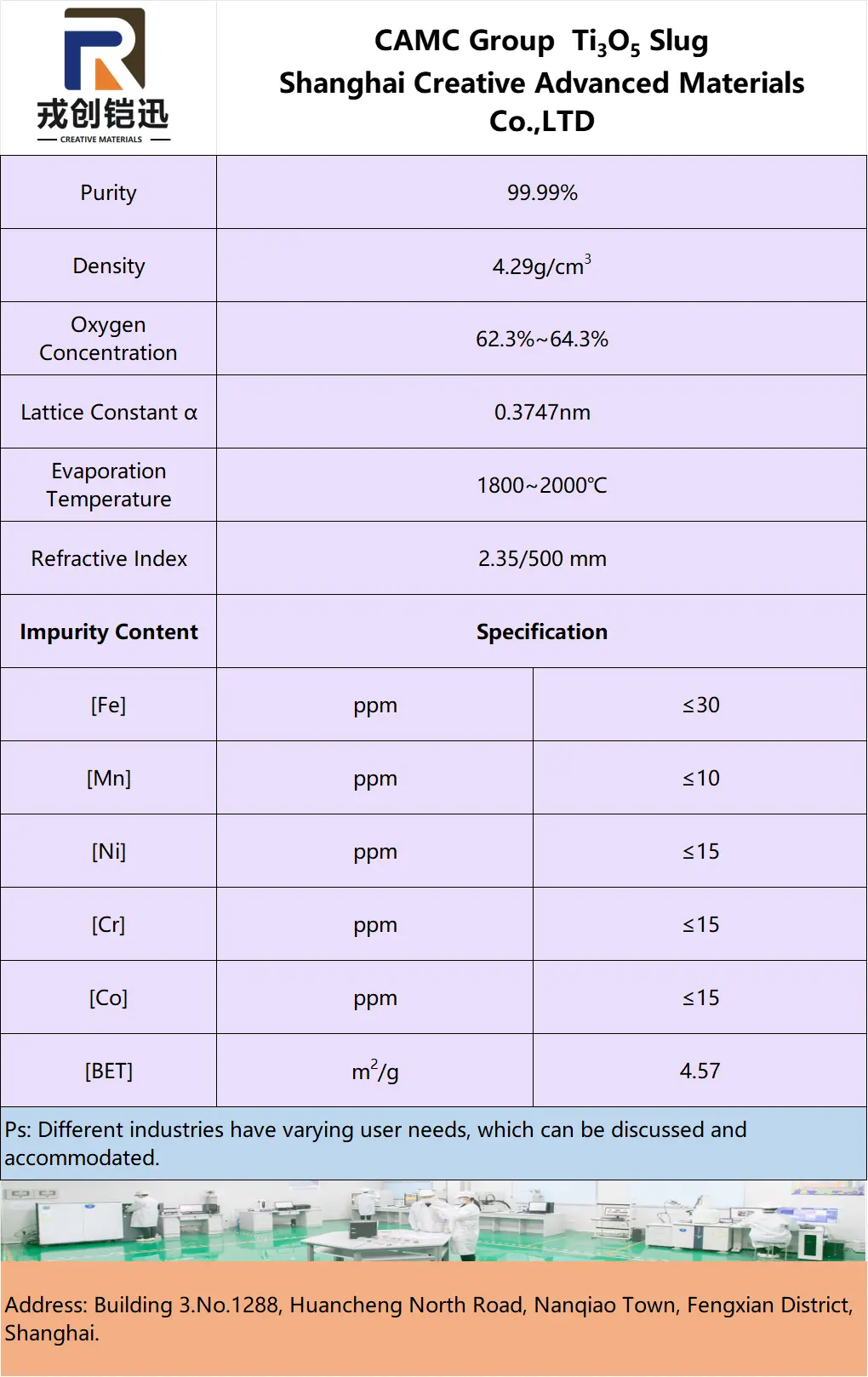 Ti3O5 Slug properties and specifications table