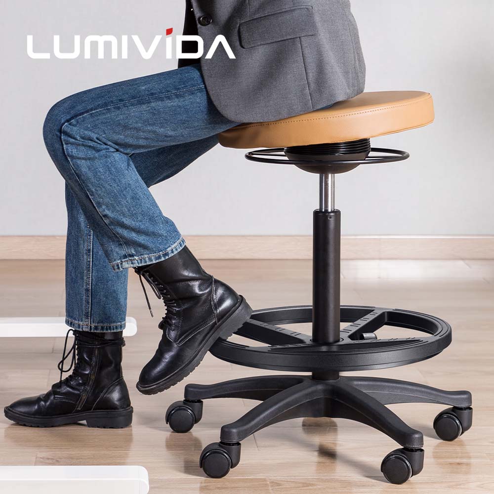 Height Adjustable Ergonomic Swivel PU Leather Task Stool Standing Desk Chair Rolling Round Work Stool with Footrest