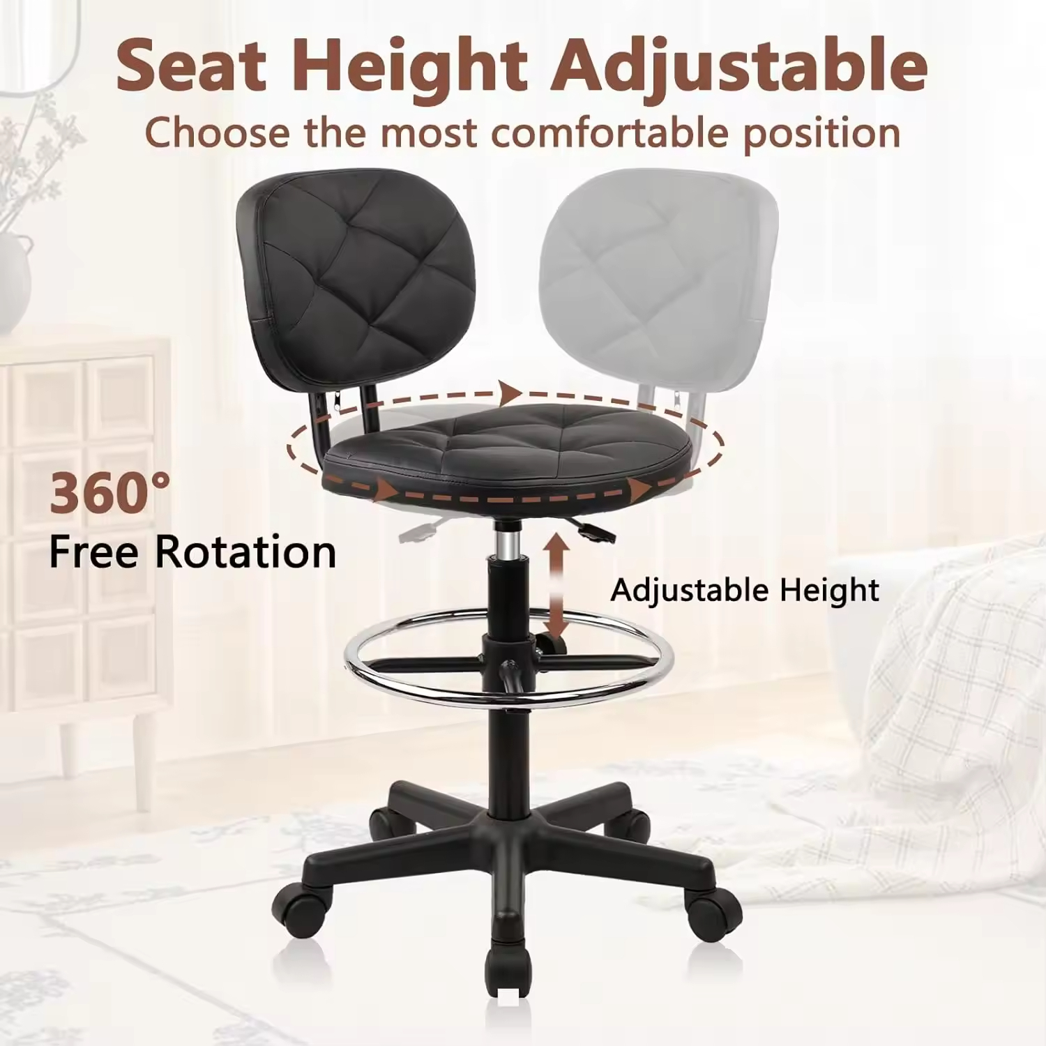 PU Leather Rolling Bar Stool Tall Drafting Stool Adjustable Height Footrest Multi-Purpose Office Desk Chair with Wheels and Back