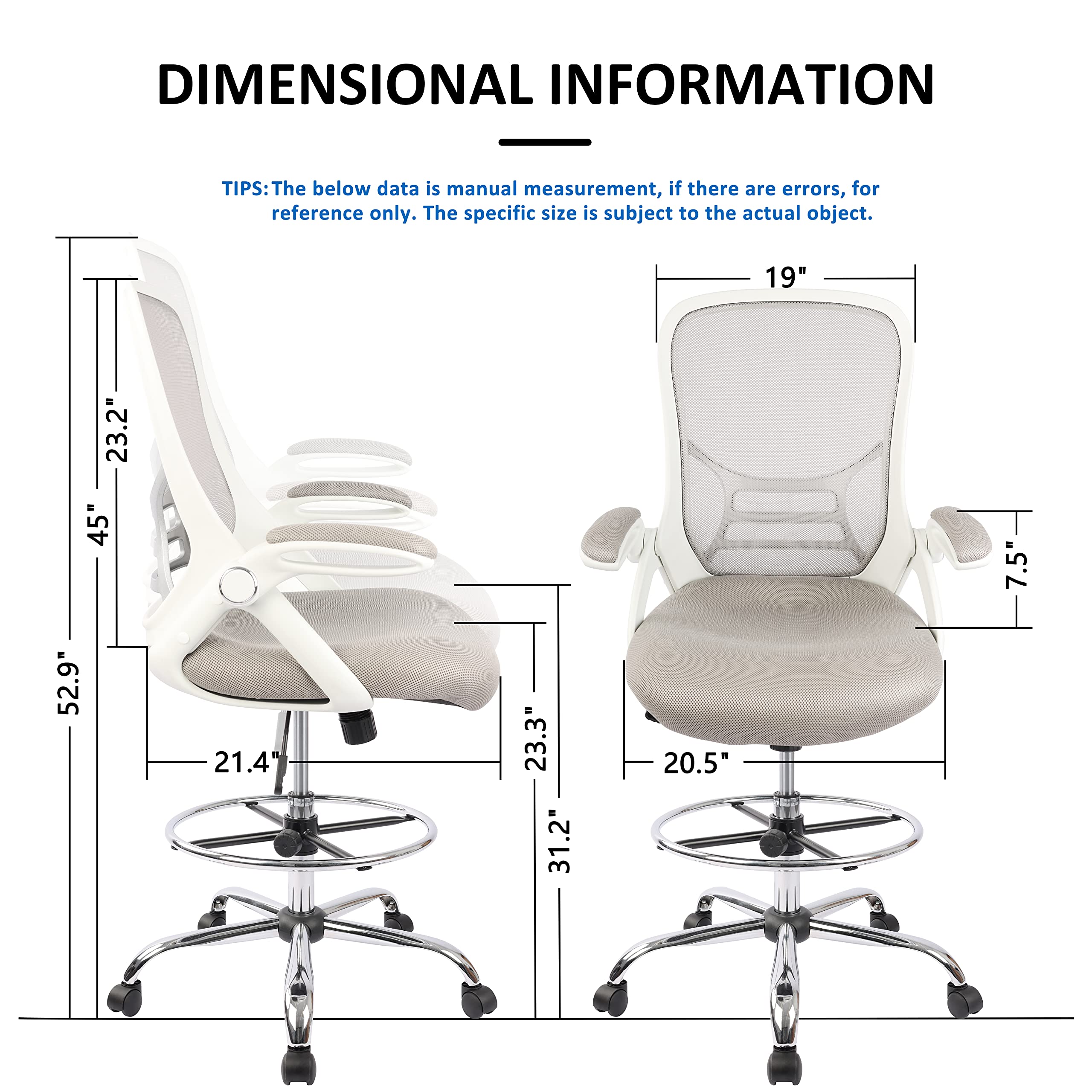 High-Back Mesh Ergonomic Drafting Chair Tall Office Chair Standing Desk Stool with Adjustable Foot Ring and Flip-Up Arms