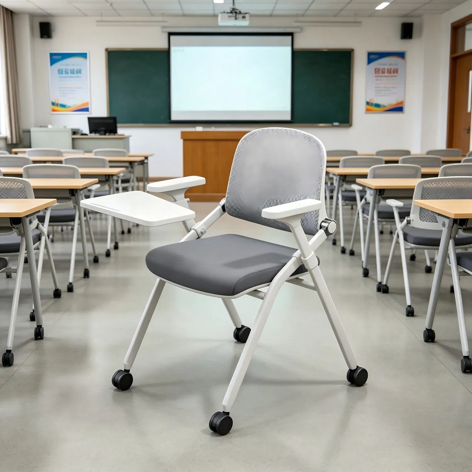 Foldable Ergonomic Office Chair - Mesh Back, Armrest Desk &amp; Rolling Wheels, Space-Saving for Small Office/Training Room