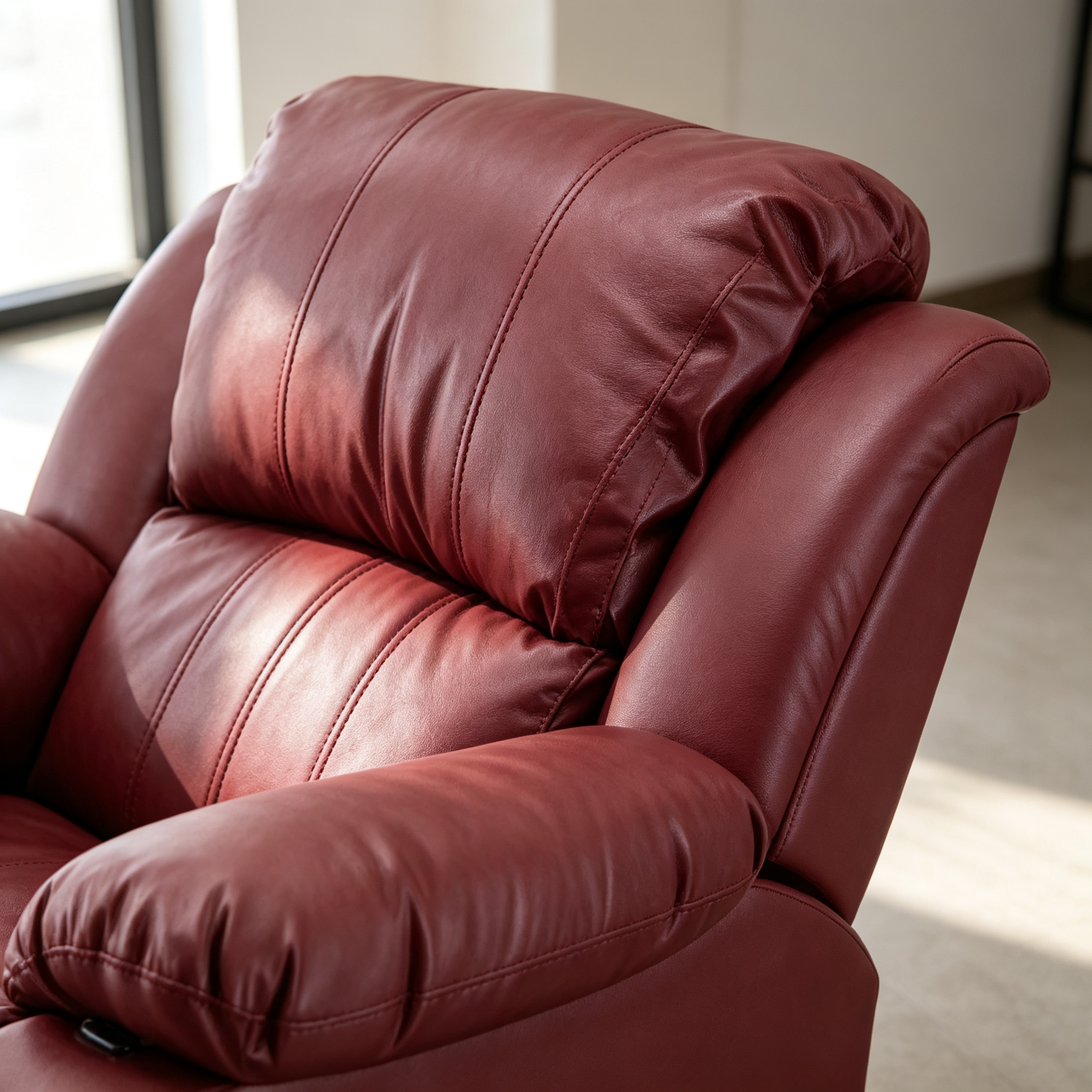 Burgundy Genuine Leather Traditional Manual Recliner Chair Adjustable Recline Footrest Padded Cushion Metal Living Room/Office