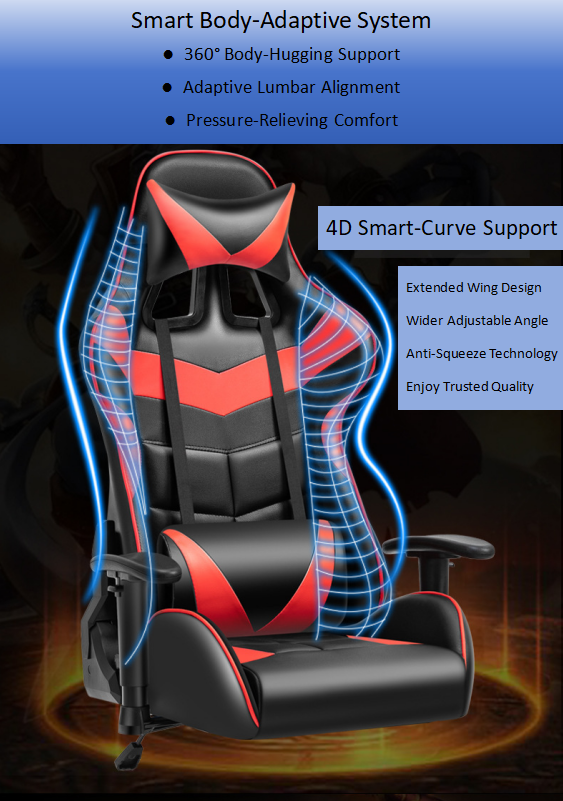 Modern Style Pro Gamer Ergonomic Reclining Lift Office Chair Massage Feature 360 Swivel 1-Year Warranty Black Red Metal Material