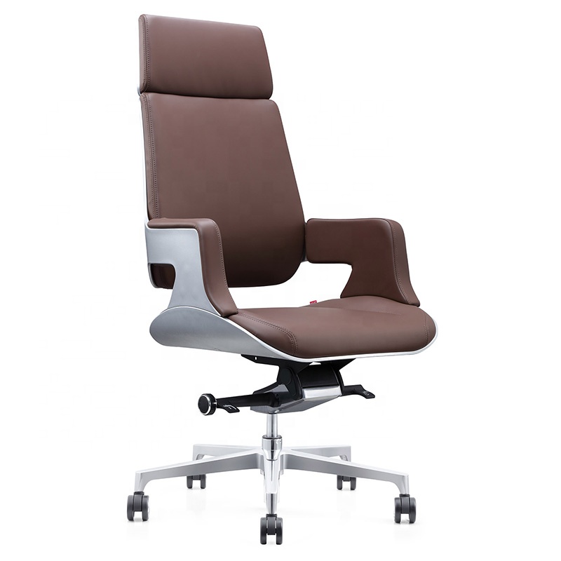 Silver Plastic Shell Polished Self Weight Chassis High Back Tan Leather Visitors Swivel High Back Office Chair