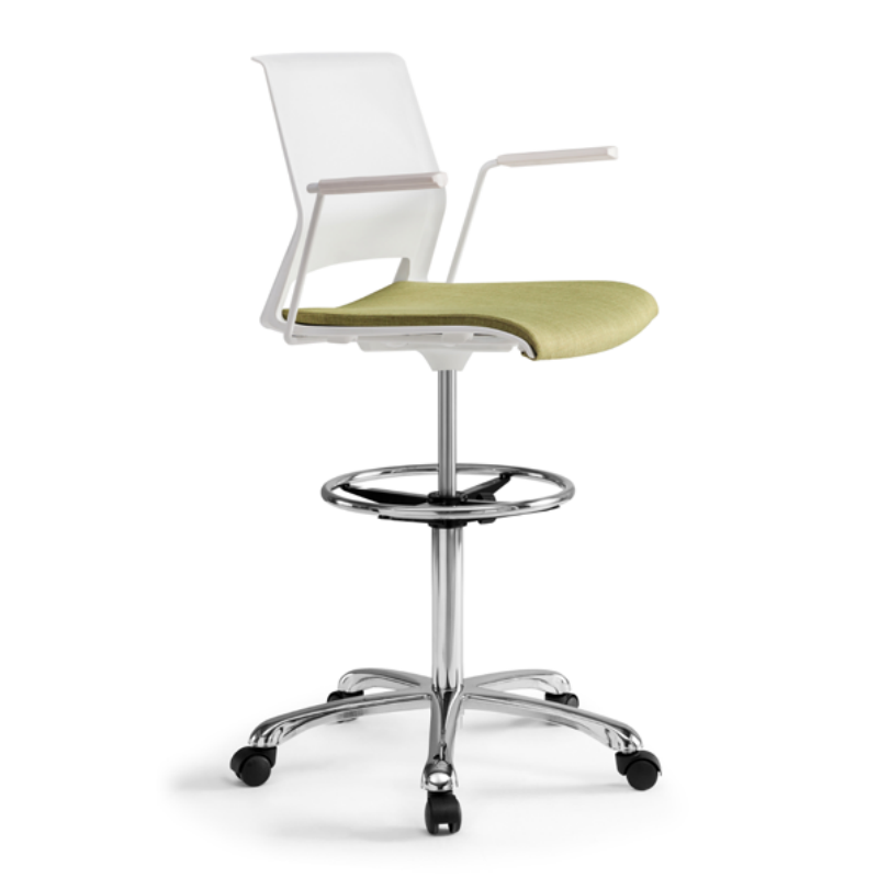 Height Adjustable Drafting Stool With Armrests Five Star Base Rolling Chair With Foot Ring for Brainstorming and Training