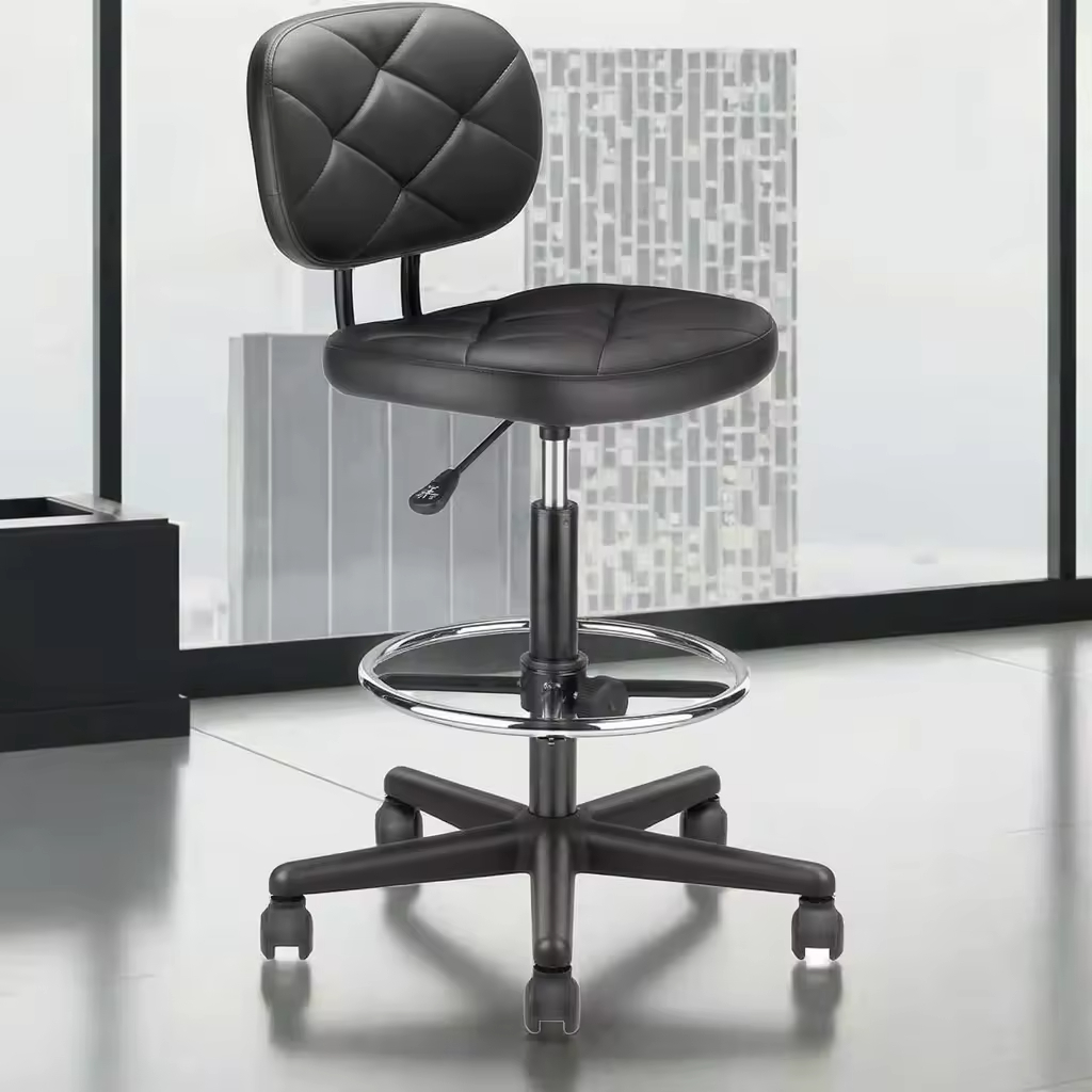 PU Leather Rolling Bar Stool Tall Drafting Stool Adjustable Height Footrest Multi-Purpose Office Desk Chair with Wheels and Back