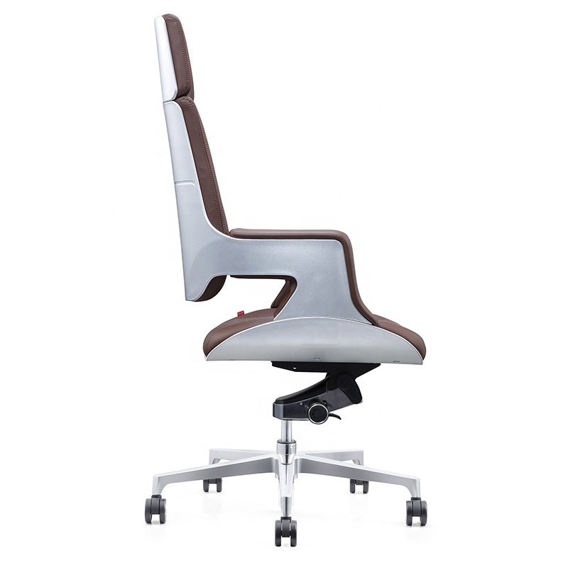 Silver Plastic Shell Polished Self Weight Chassis High Back Tan Leather Visitors Swivel High Back Office Chair