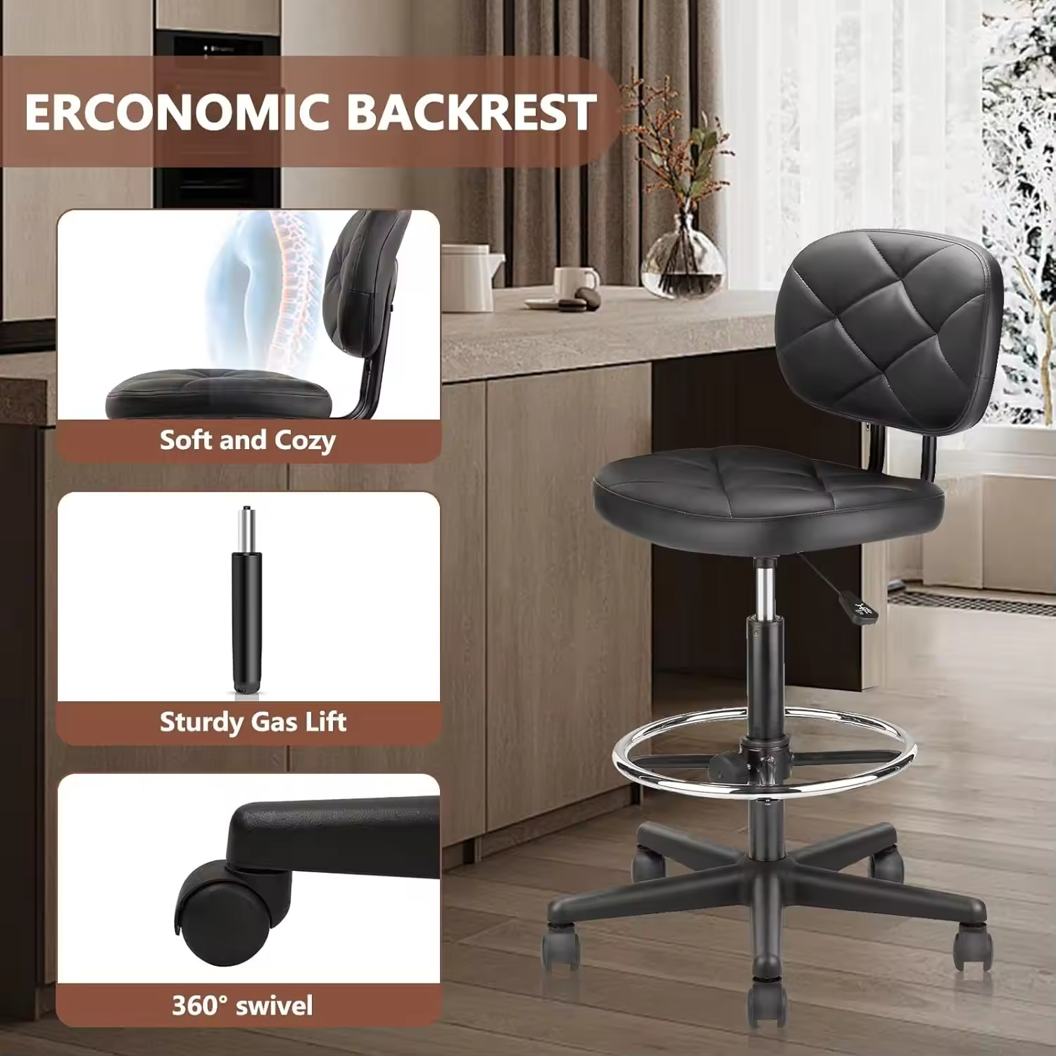 PU Leather Rolling Bar Stool Tall Drafting Stool Adjustable Height Footrest Multi-Purpose Office Desk Chair with Wheels and Back