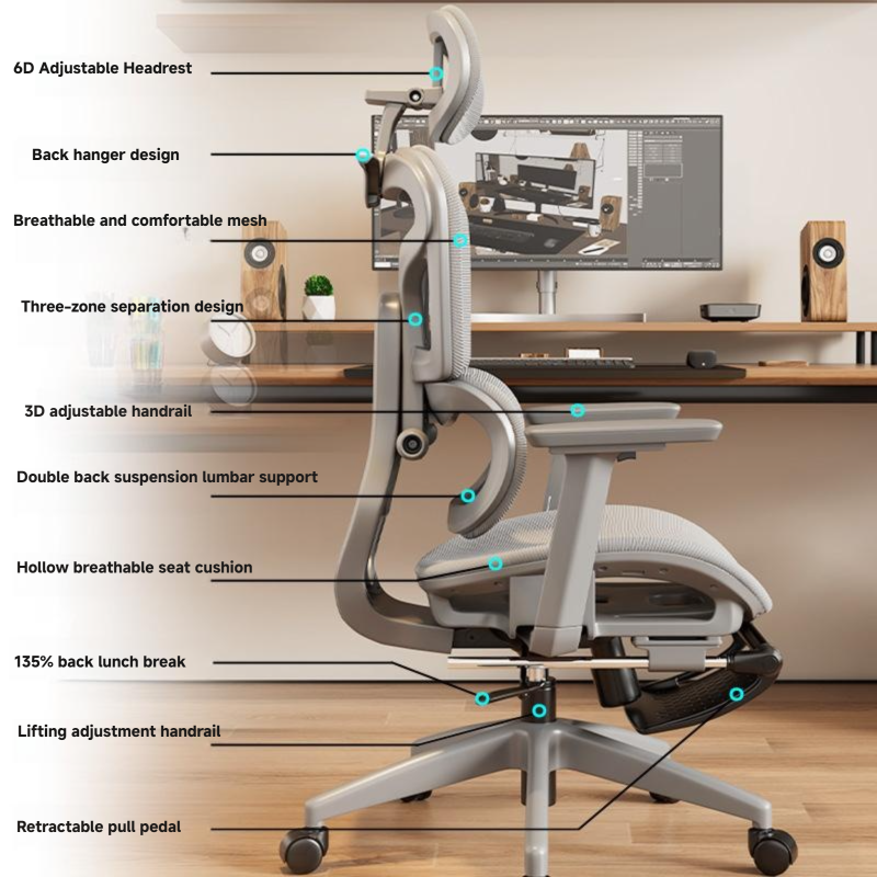 Leer Hot Sale Modern Style Adjustable Ergonomic Mesh Office Chair with Footrest Swivel Feature Fabric