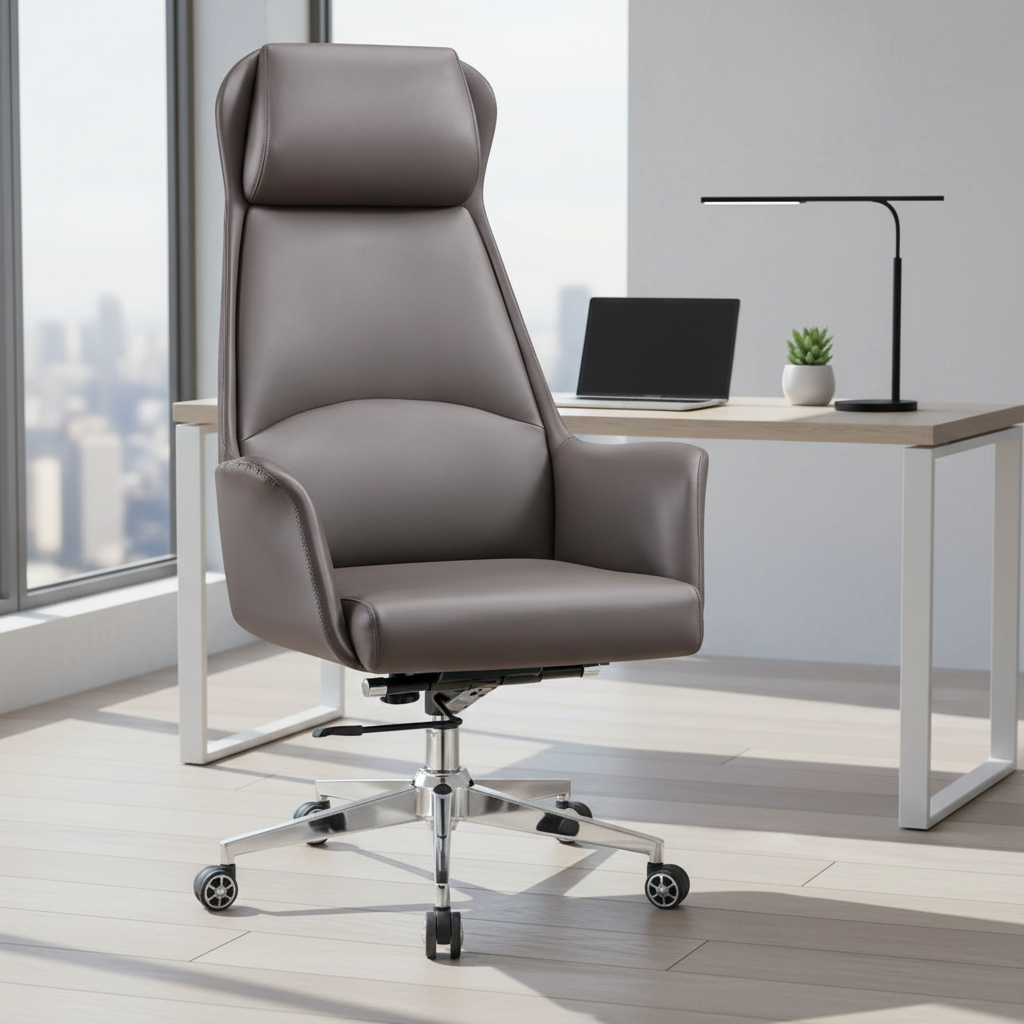 Modern Luxury Leather Executive Office Chair Extendable Adjustable Armrest High Back Comfort Home Office Use Steel Base Rotating
