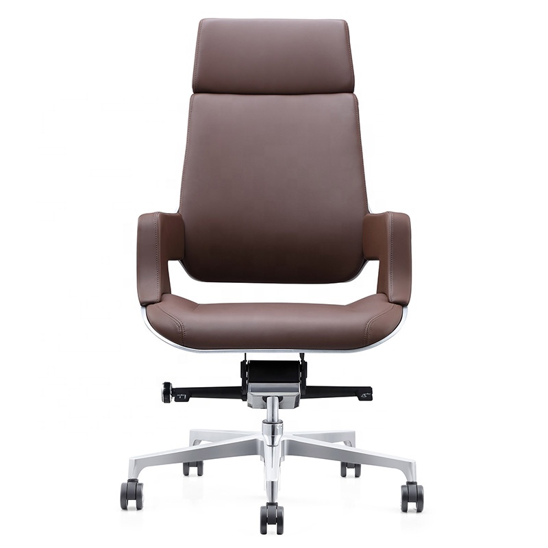Silver Plastic Shell Polished Self Weight Chassis High Back Tan Leather Visitors Swivel High Back Office Chair
