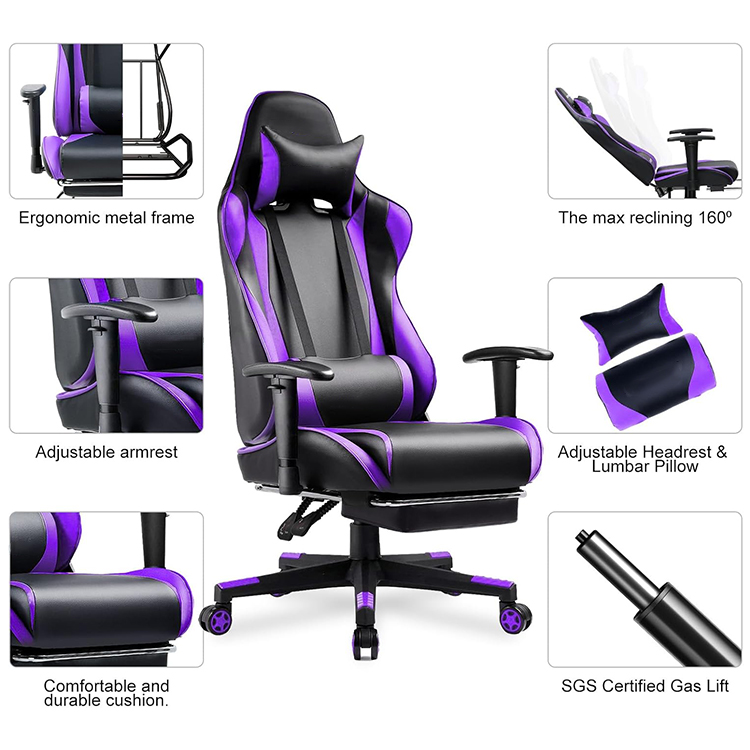 Purple Gaming Chair With Footrest Ergonomic Computer Game Desk Chair Reclining Gamer Chair Custom Seat Cover Height Adjustable