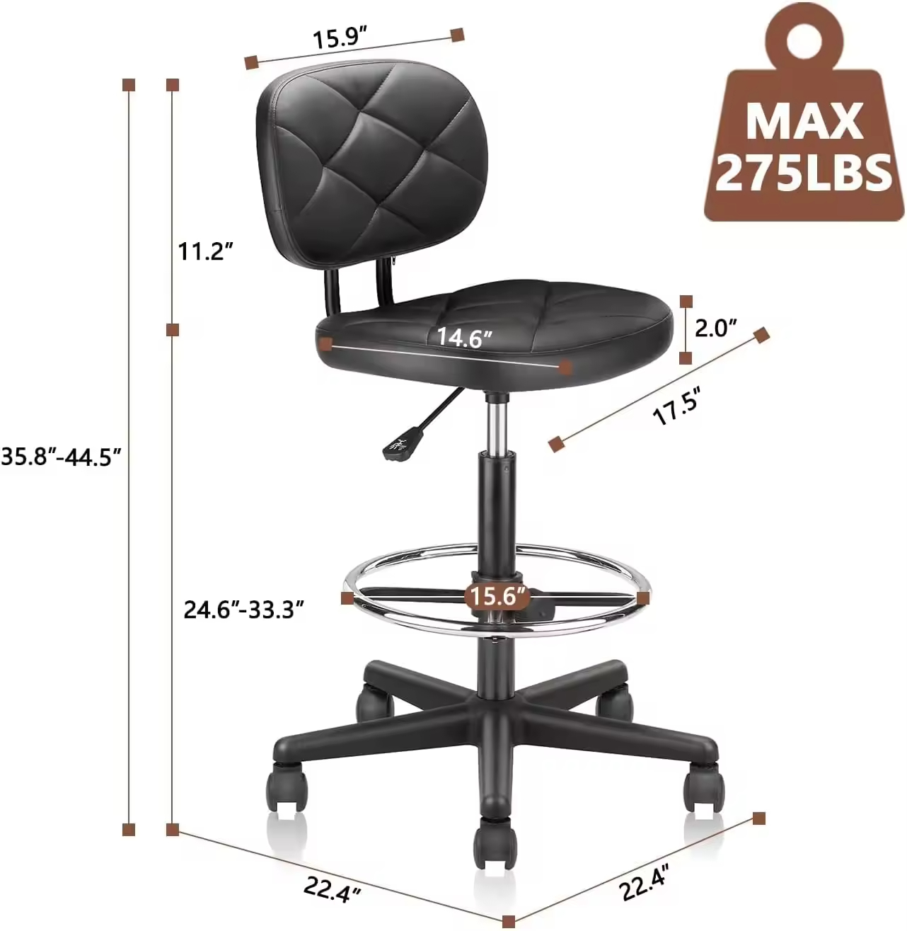 PU Leather Rolling Bar Stool Tall Drafting Stool Adjustable Height Footrest Multi-Purpose Office Desk Chair with Wheels and Back