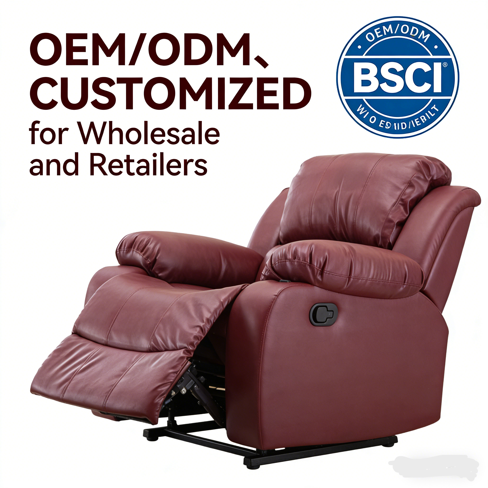 Burgundy Genuine Leather Traditional Manual Recliner Chair Adjustable Recline Footrest Padded Cushion Metal Living Room/Office