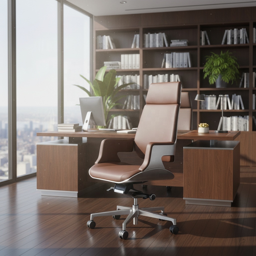 Silver Plastic Shell Polished Self Weight Chassis High Back Tan Leather Visitors Swivel High Back Office Chair