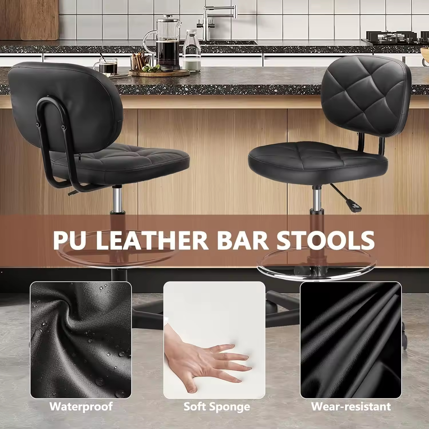 PU Leather Rolling Bar Stool Tall Drafting Stool Adjustable Height Footrest Multi-Purpose Office Desk Chair with Wheels and Back